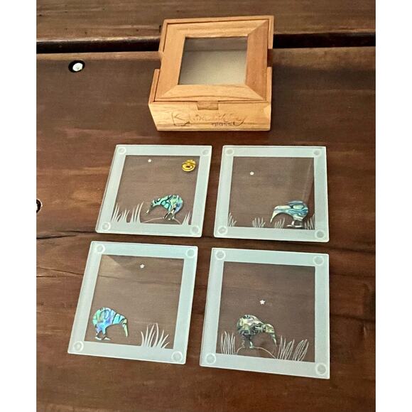 Smashing Glass Kiwi Moon Abalone Coasters Handcrafted New Zealand Box Set of 4 - Picture 7 of 15